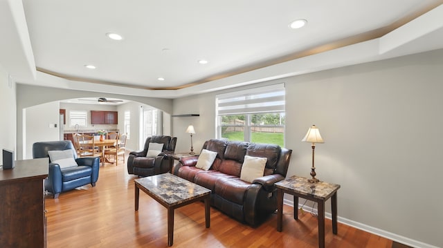 5321 Meadowbrook St, Plainfield, IL 60586 - living room featuring arched walkways, a tray ceiling, light wood-style floors, ceiling fan, and recessed lighting