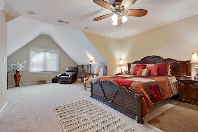 1835 Rizzi Ln, Bartlett, IL 60103 - carpeted bedroom featuring a ceiling fan, vaulted ceiling, and ornamental molding