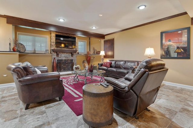 1835 Rizzi Ln, Bartlett, IL 60103 - living area with crown molding, a stone fireplace, stone tile floors, and recessed lighting