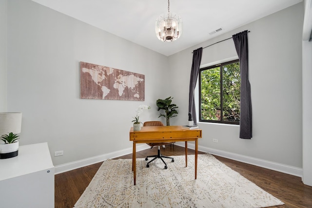3437 S Morgan St Unit 2E, Chicago, IL 60608 - office featuring baseboards, wood finished floors, and a chandelier