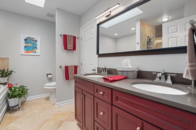 5844 N Hermitage Ave Unit B, Chicago, IL 60660 - full bath featuring double vanity, tiled shower, a skylight, and tile patterned flooring