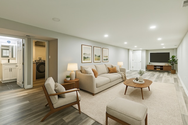 6037 S Mason Ave, Chicago, IL 60638 - living area with washer / dryer, wood finished floors, recessed lighting, and baseboards