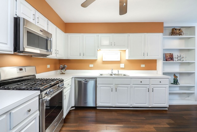 1149 Wheaton Oaks Dr Unit 0, Wheaton, IL 60187 - kitchen with stainless steel appliances, open shelves, white cabinetry, light countertops, and a ceiling fan