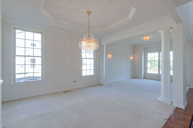 15 Open Pkwy N, Hawthorn Woods, IL 60047 - carpeted spare room featuring ornate columns, healthy amount of natural light, a raised ceiling, a chandelier, and ornamental molding