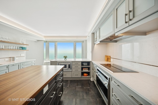 132 E Delaware Pl Unit 5106, Chicago, IL 60611 - kitchen featuring appliances with stainless steel finishes, light countertops, open shelves, and dark wood-style floors
