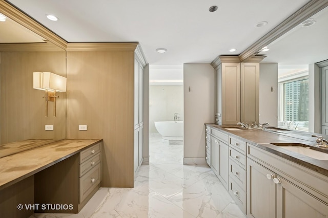 132 E Delaware Pl Unit 5106, Chicago, IL 60611 - full bath featuring double vanity, a soaking tub, recessed lighting, marble finish floors, and ornamental molding