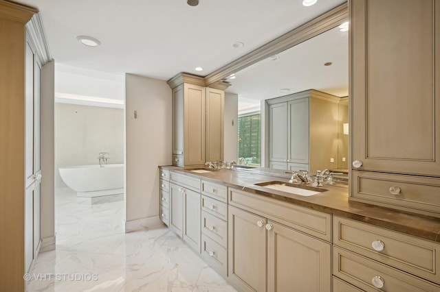 132 E Delaware Pl Unit 5106, Chicago, IL 60611 - bathroom with double vanity, a freestanding bath, marble look tiles, and recessed lighting
