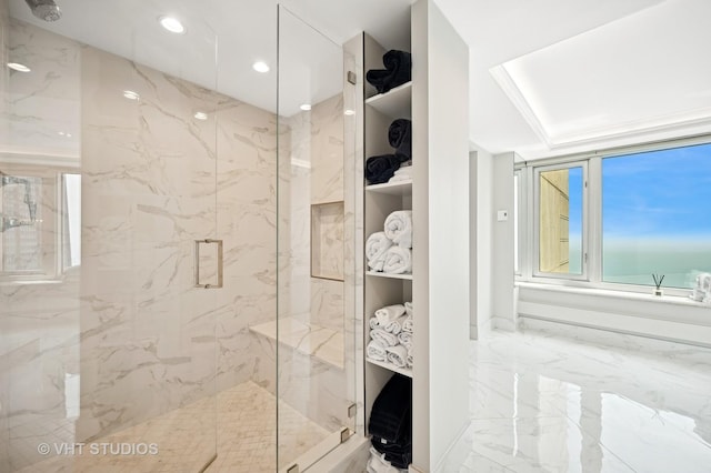 132 E Delaware Pl Unit 5106, Chicago, IL 60611 - bathroom with marble tiled floors, a marble finish shower, and recessed lighting