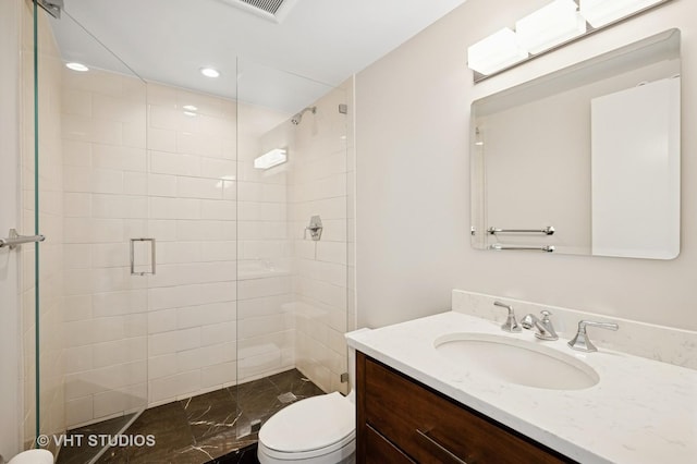 132 E Delaware Pl Unit 5106, Chicago, IL 60611 - bathroom featuring a shower stall, vanity, recessed lighting, and marble finish floors