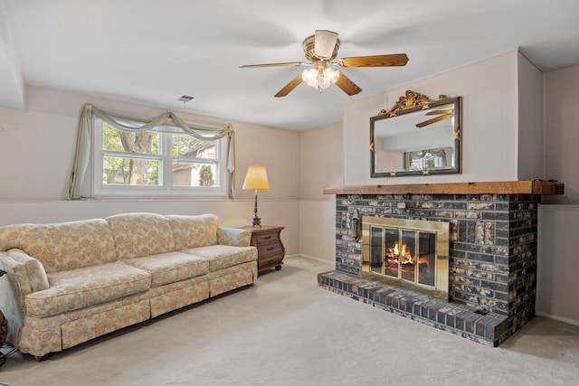 5927 Sherman Dr, Woodridge, IL 60517 - carpeted living area featuring a brick fireplace and a ceiling fan