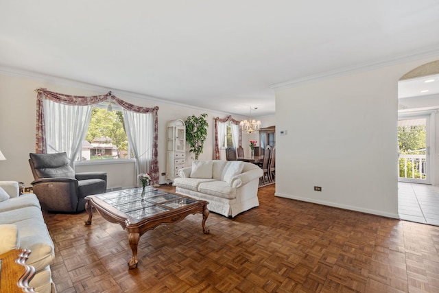 5927 Sherman Dr, Woodridge, IL 60517 - living area featuring a chandelier, healthy amount of natural light, ornamental molding, and baseboards