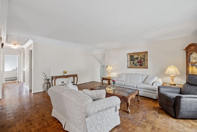 5927 Sherman Dr, Woodridge, IL 60517 - living area featuring attic access, crown molding, and baseboards