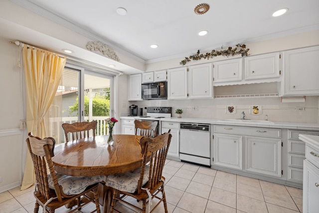 5927 Sherman Dr, Woodridge, IL 60517 - kitchen with white appliances, a sink, crown molding, white cabinets, and light tile patterned flooring