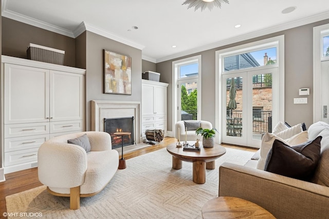 1230 W Cornelia Ave, Chicago, IL 60657 - living room with wood finished floors, ornamental molding, a premium fireplace, and recessed lighting