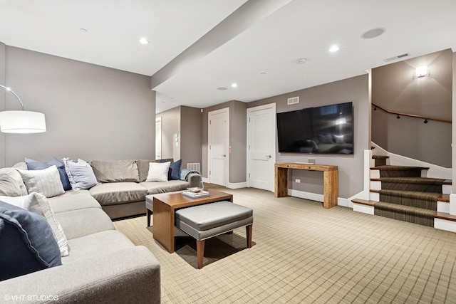 1230 W Cornelia Ave, Chicago, IL 60657 - living room with light carpet, stairs, and recessed lighting