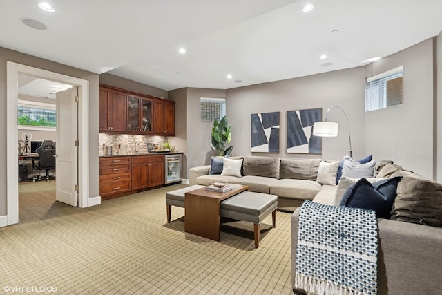 1230 W Cornelia Ave, Chicago, IL 60657 - living area with beverage cooler, recessed lighting, light carpet, and an office area