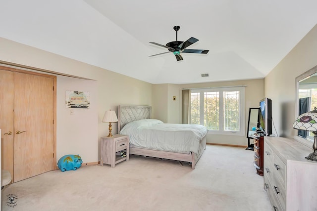 16924 Yearling Crossing Dr, Orland Park, IL 60467 - bedroom with light colored carpet, baseboards, a ceiling fan, and vaulted ceiling