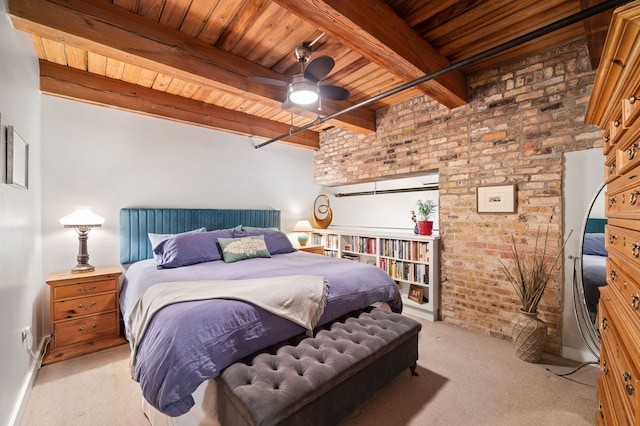 2111 W Churchill St Unit 112, Chicago, IL 60647 - carpeted bedroom featuring brick wall and a wooden ceiling with exposed beams