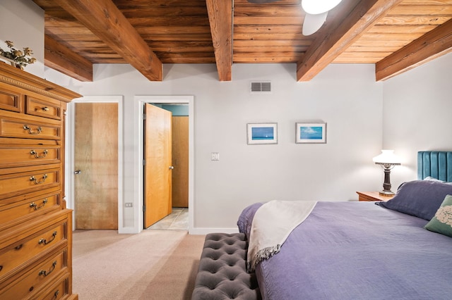 2111 W Churchill St Unit 112, Chicago, IL 60647 - bedroom with a wooden ceiling with exposed beams, light colored carpet, and ceiling fan