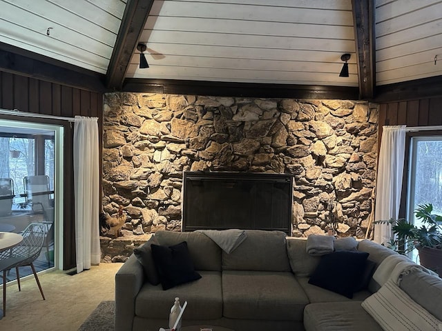 27125 N Williams Park Rd N, Wauconda, IL 60084 - carpeted living room with wood walls and ceiling fan