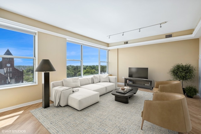 77 S Evergreen Ave Unit 707, Arlington Heights, IL 60005 - living room with track lighting, baseboards, and wood finished floors