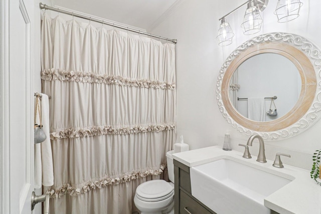 245 Grays Dr, Oswego, IL 60543 - bathroom featuring vanity, toilet, a shower with shower curtain, and ornamental molding