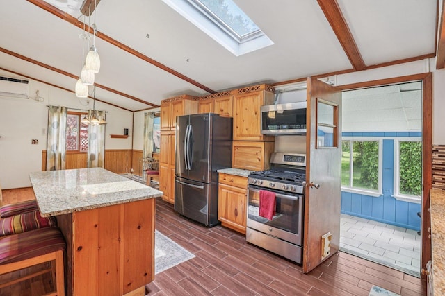 20214 Harmony Rd, Marengo, IL 60152 - kitchen featuring stainless steel appliances, wainscoting, a center island, wood walls, and dark wood-type flooring