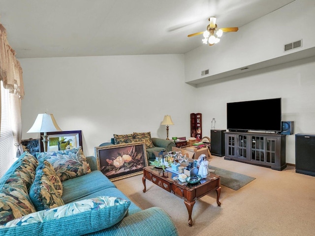 1518 Golfview Rd Unit 1, Rantoul, IL 61866 - carpeted living area with a ceiling fan and vaulted ceiling