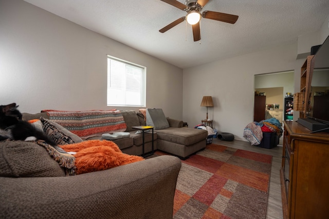 602 S Elm St, Villa Grove, IL 61956 - living room with wood finished floors, ceiling fan, and a textured ceiling