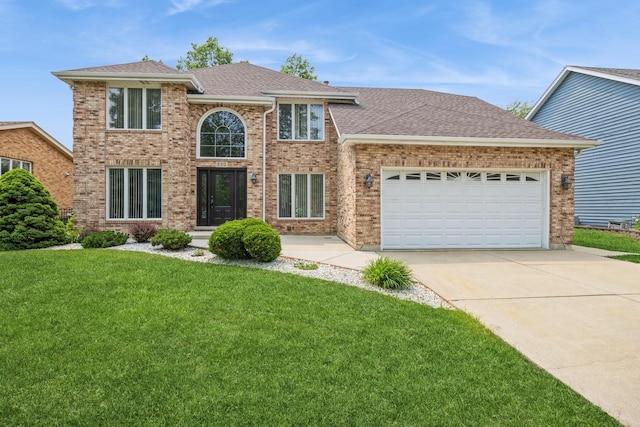 890 Woodcrest Ln, Lemont, IL 60439 - traditional home with driveway, a front yard, roof with shingles, a garage, and brick siding