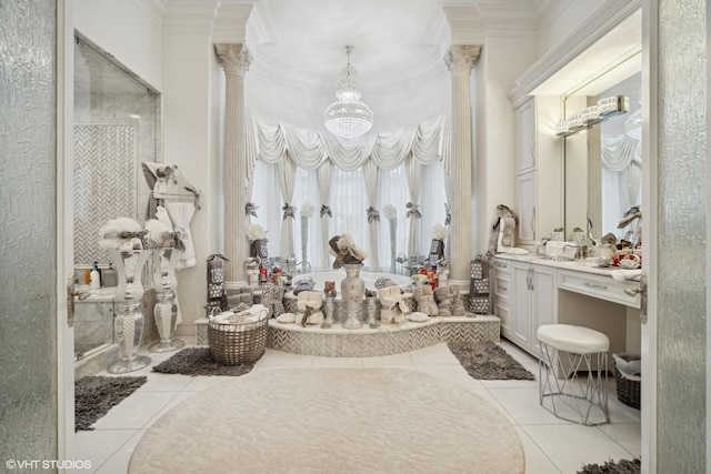 2315 N Arlington Heights Rd, Arlington Heights, IL 60004 - full bath with ornate columns, ornamental molding, vanity, a chandelier, and tile patterned floors