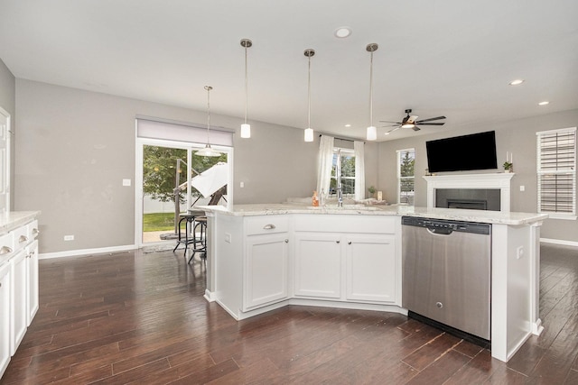 14904 S Morgan Ln, Plainfield, IL 60544 - kitchen featuring stainless steel dishwasher, a ceiling fan, dark wood finished floors, healthy amount of natural light, and recessed lighting