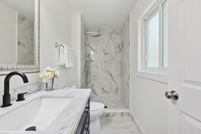 20534 Arcadian Dr, Olympia Fields, IL 60461 - full bathroom featuring toilet, marble look tile flooring, vanity, a marble finish shower, and baseboards