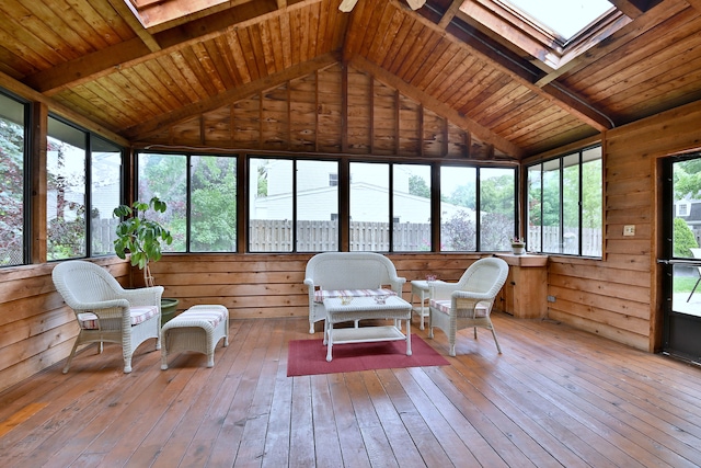 537 S Echo Ln, Palatine, IL 60067 - sunroom / solarium featuring a skylight, wood-type flooring, a deck, wood walls, and wood ceiling