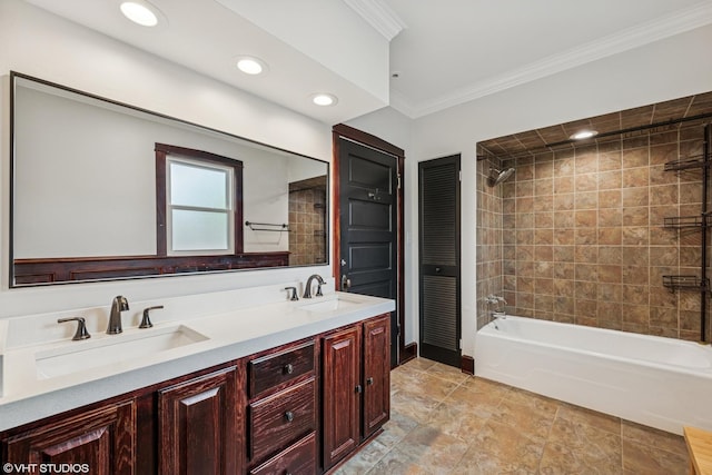 408 W Campbell St, Arlington Heights, IL 60005 - bathroom featuring crown molding, washtub / shower combination, double vanity, and recessed lighting