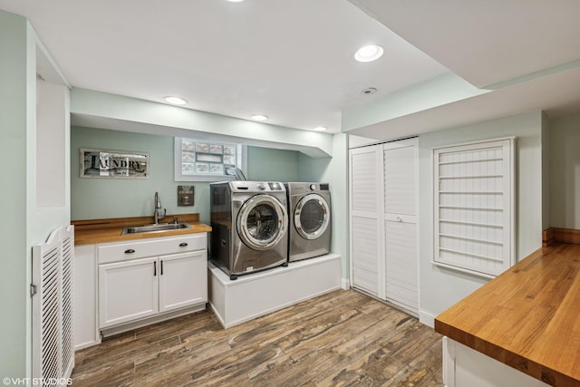 408 W Campbell St, Arlington Heights, IL 60005 - washroom with washing machine and clothes dryer, dark wood-style floors, cabinet space, a heating unit, and recessed lighting