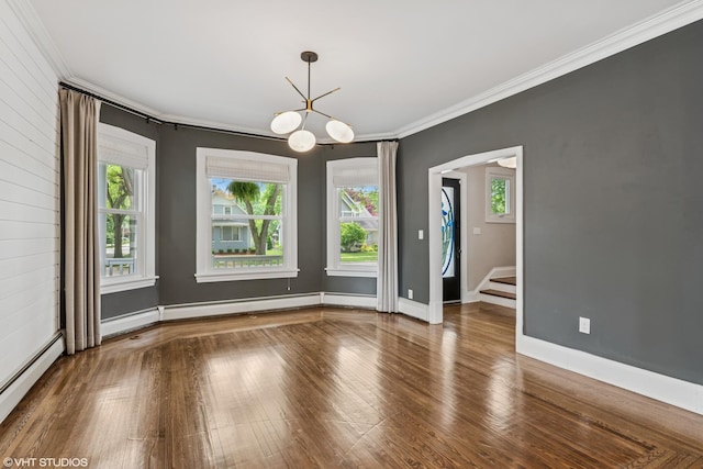 408 W Campbell St, Arlington Heights, IL 60005 - unfurnished room with crown molding, healthy amount of natural light, a chandelier, baseboard heating, and wood finished floors