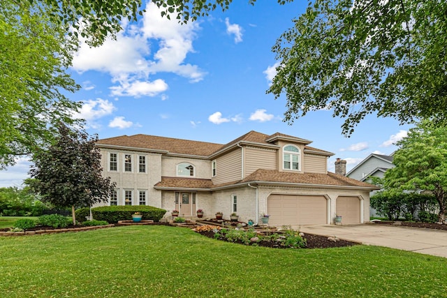 1440 Monarch Cir, Naperville, IL 60564 - view of front of house with concrete driveway, a front lawn, a garage, brick siding, and a shingled roof