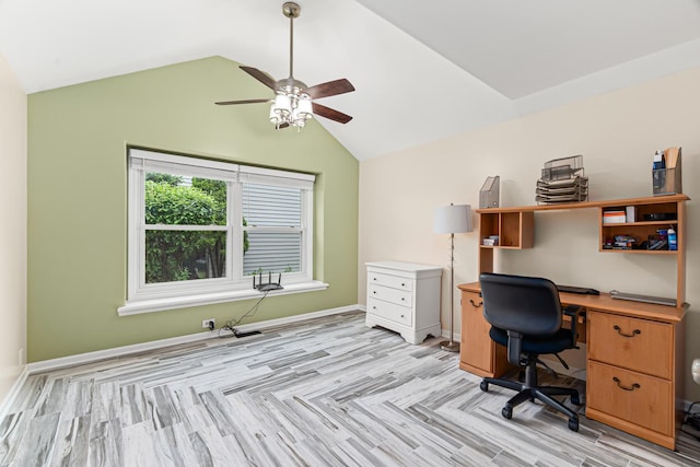 1440 Monarch Cir, Naperville, IL 60564 - home office with a ceiling fan, lofted ceiling, and baseboards