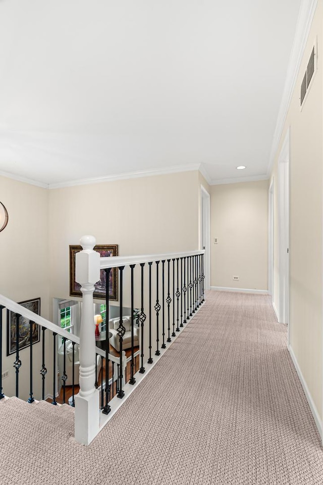 1440 Monarch Cir, Naperville, IL 60564 - corridor featuring carpet, crown molding, an upstairs landing, baseboards, and recessed lighting