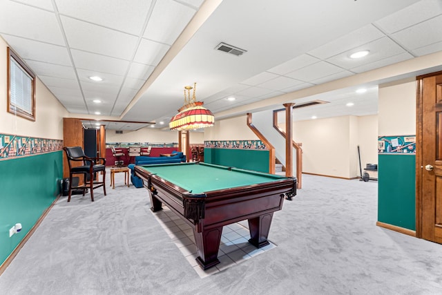 1440 Monarch Cir, Naperville, IL 60564 - playroom featuring carpet, pool table, baseboards, a drop ceiling, and recessed lighting
