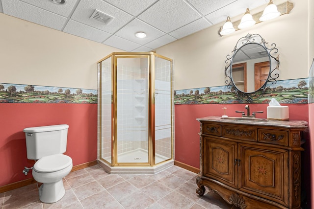 1440 Monarch Cir, Naperville, IL 60564 - bathroom with toilet, a stall shower, vanity, a drop ceiling, and tile patterned flooring