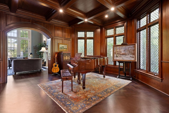 15W120 60th St, Burr Ridge, IL 60527 - sitting room with a wood ceiling with exposed beams, arched walkways, wooden walls, recessed lighting, and crown molding