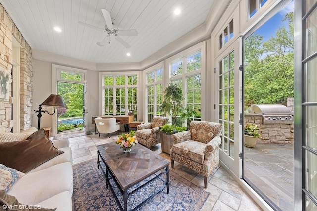 15W120 60th St, Burr Ridge, IL 60527 - sunroom with stone tile flooring, recessed lighting, wood ceiling, french doors, and ornamental molding