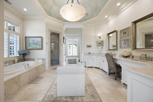 15W120 60th St, Burr Ridge, IL 60527 - full bath featuring plenty of natural light, a garden tub, double vanity, ornamental molding, and recessed lighting