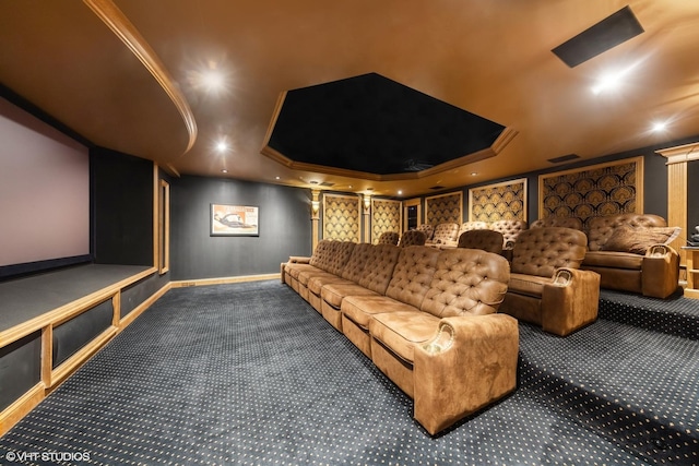 15W120 60th St, Burr Ridge, IL 60527 - carpeted home theater featuring a raised ceiling, ornamental molding, and recessed lighting