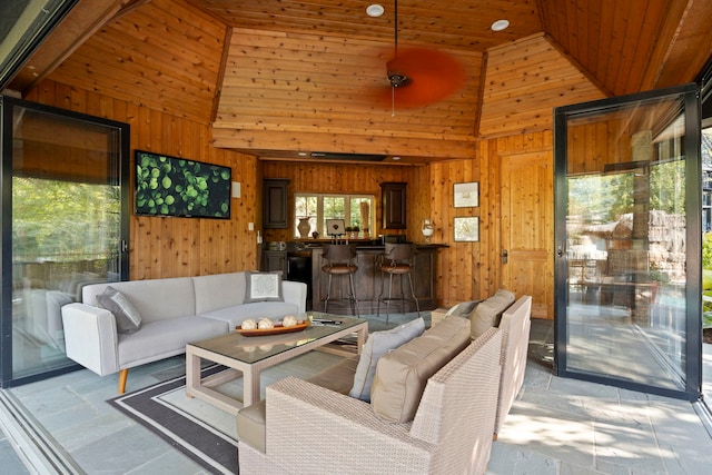 15W120 60th St, Burr Ridge, IL 60527 - living room with wooden walls, high vaulted ceiling, and wood ceiling