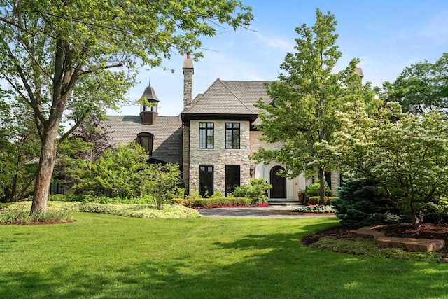 15W120 60th St, Burr Ridge, IL 60527 - french country inspired facade with stone siding, a front lawn, and a chimney