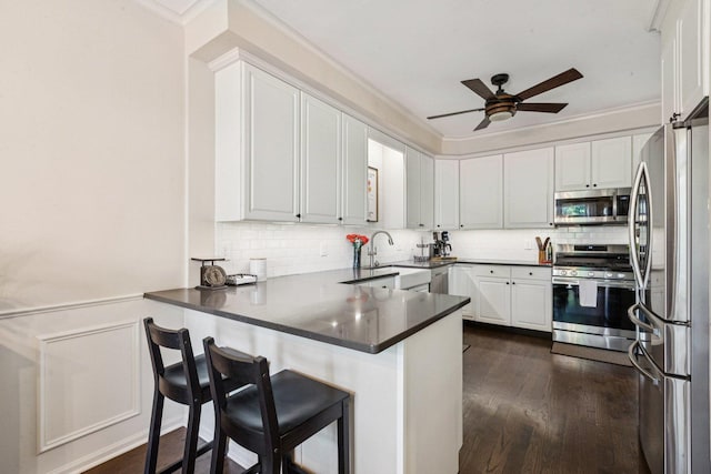 1714 Waverly Cir, Saint Charles, IL 60174 - kitchen with stainless steel appliances, a peninsula, a ceiling fan, crown molding, and tasteful backsplash
