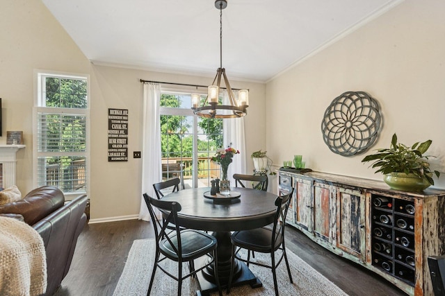 1714 Waverly Cir, Saint Charles, IL 60174 - dining space with a chandelier, dark wood-style flooring, ornamental molding, and lofted ceiling